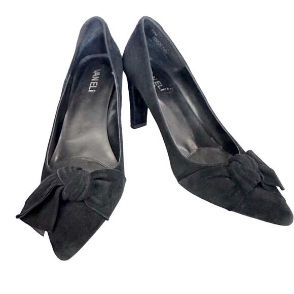 Vaneli Women's Black Suede Bow Pointed Toe Heels Size 8 Formal Pumps - Picture 1 of 10